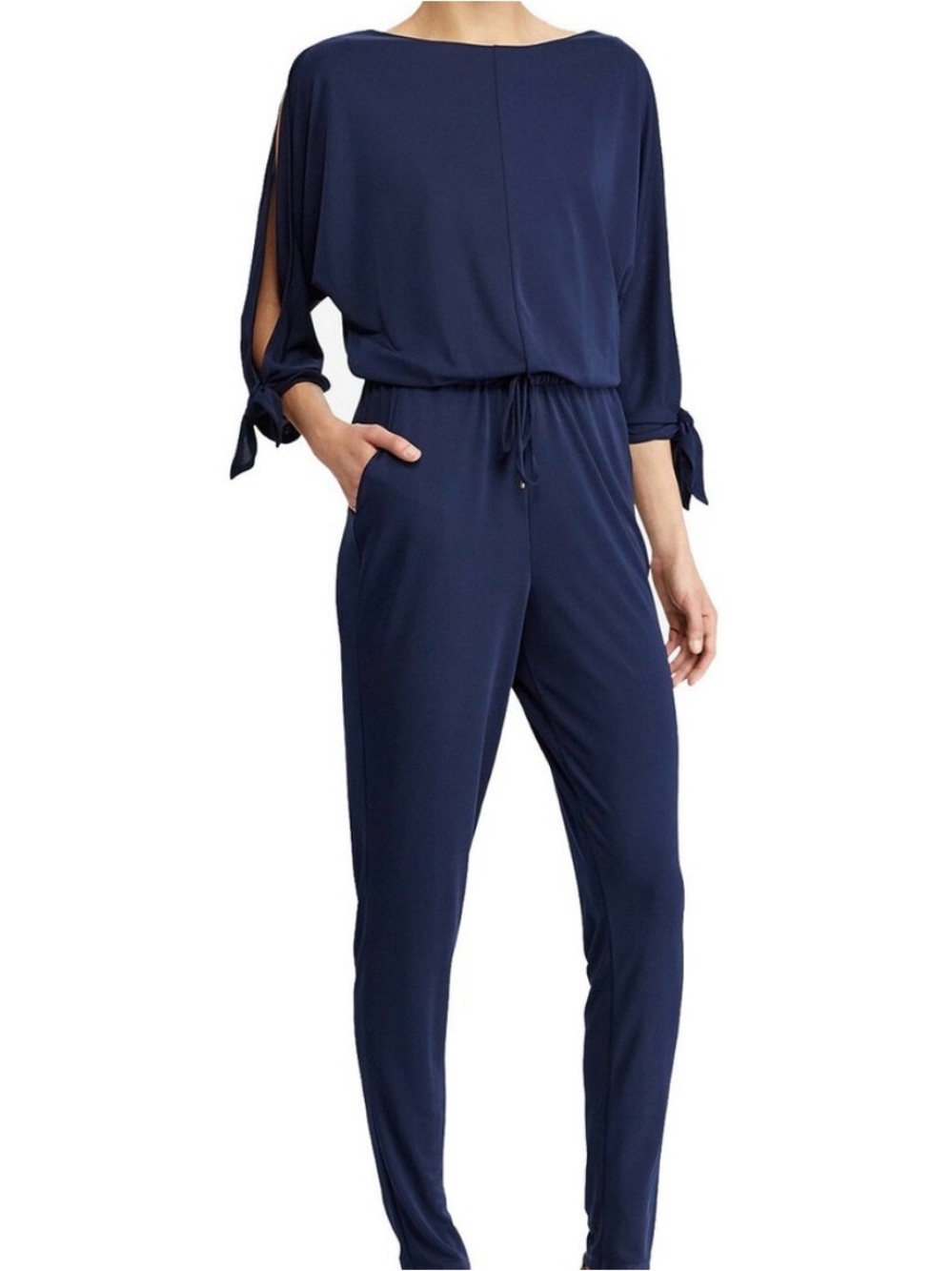 Ralph Lauren Navy Split-Sleeve Tie-Waist Jumpsuit